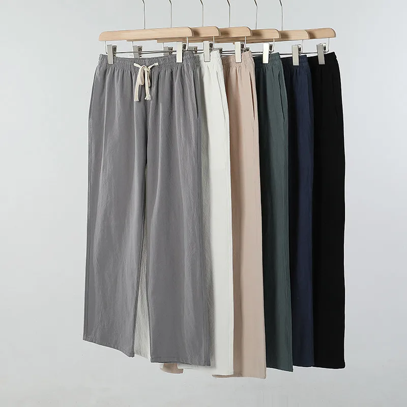 

Spring Summer Men's Casual Cotton Linen Straight Leg Loose Fit Dstring Ankle Length Pants Elastic Waist Vintage Sle