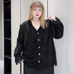 Plus Size 5XL 120KG Loose Autumn Lace Shirt for Women V Neck Solid Female Shirts Tops Oversized Blouses