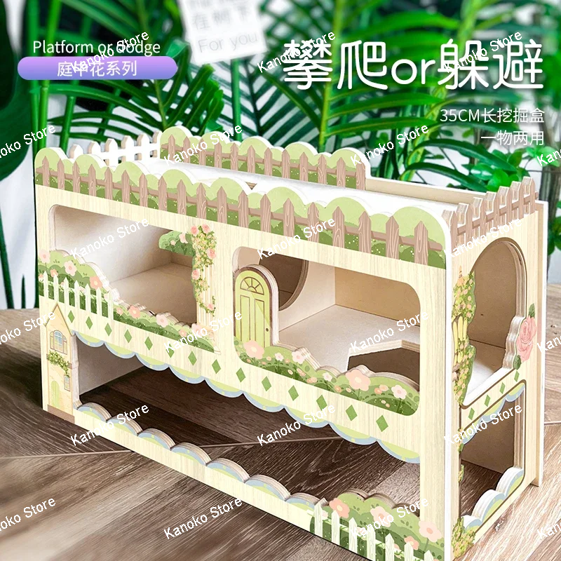 Serie de patio de flores, casa de hámster de madera, jaula para animales pequeños, suministros de paisajismo, accesorios para ratas, nido de rato Pygmy Chipmunk