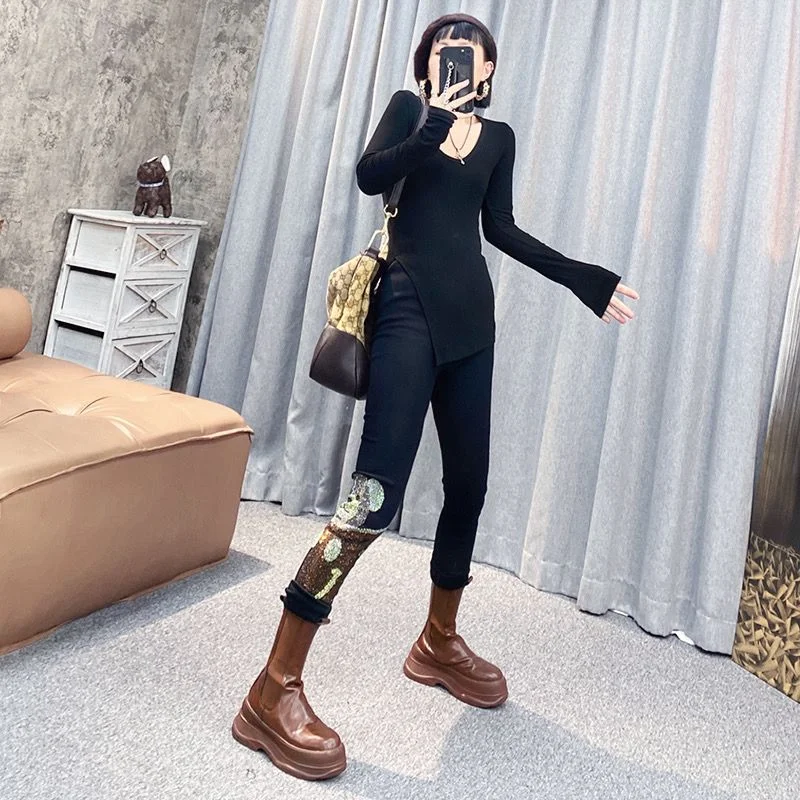 Women's Outdoor Leggings Stylish Winter New High-waisted Thickened Fashion Stretch Nine-point Pants