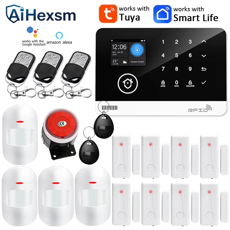 Volume Adjustable 13Languages Wireless Anti-Theft Tuya Smart WiFi GSM Home Security Alarm System Touch Keyboard RFID APP Control