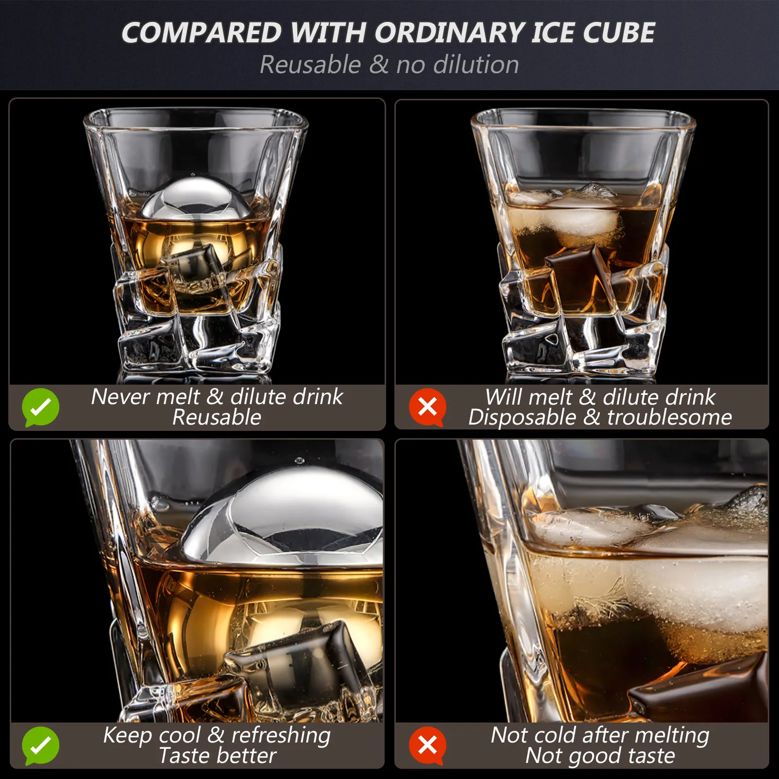 2Pcs Stainless Steel Whiskey Stones Reusable Ice Spheres for Whiskey Beer Wine Juice Drinks Flavor Preserving Stainless Steel - view 4