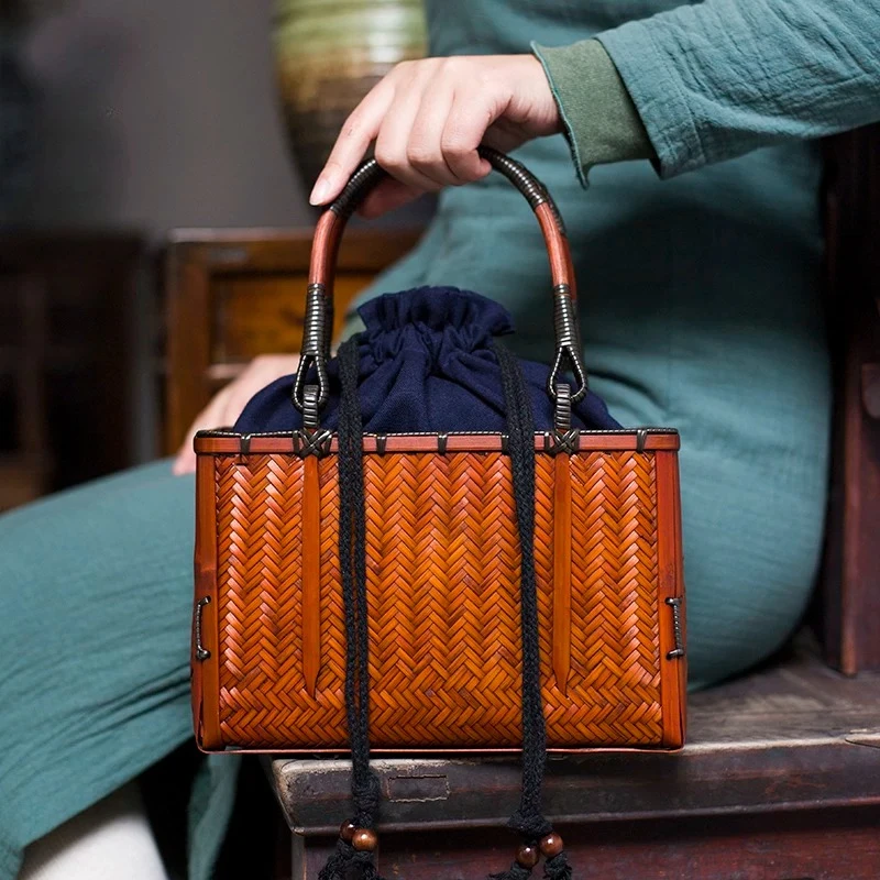 Zen Bamboo Woven Bag for Tea Ceremony Handmade Woven Handbag for Tea Set Storage Natural Tote Purse for Women Rustic Basket Bag