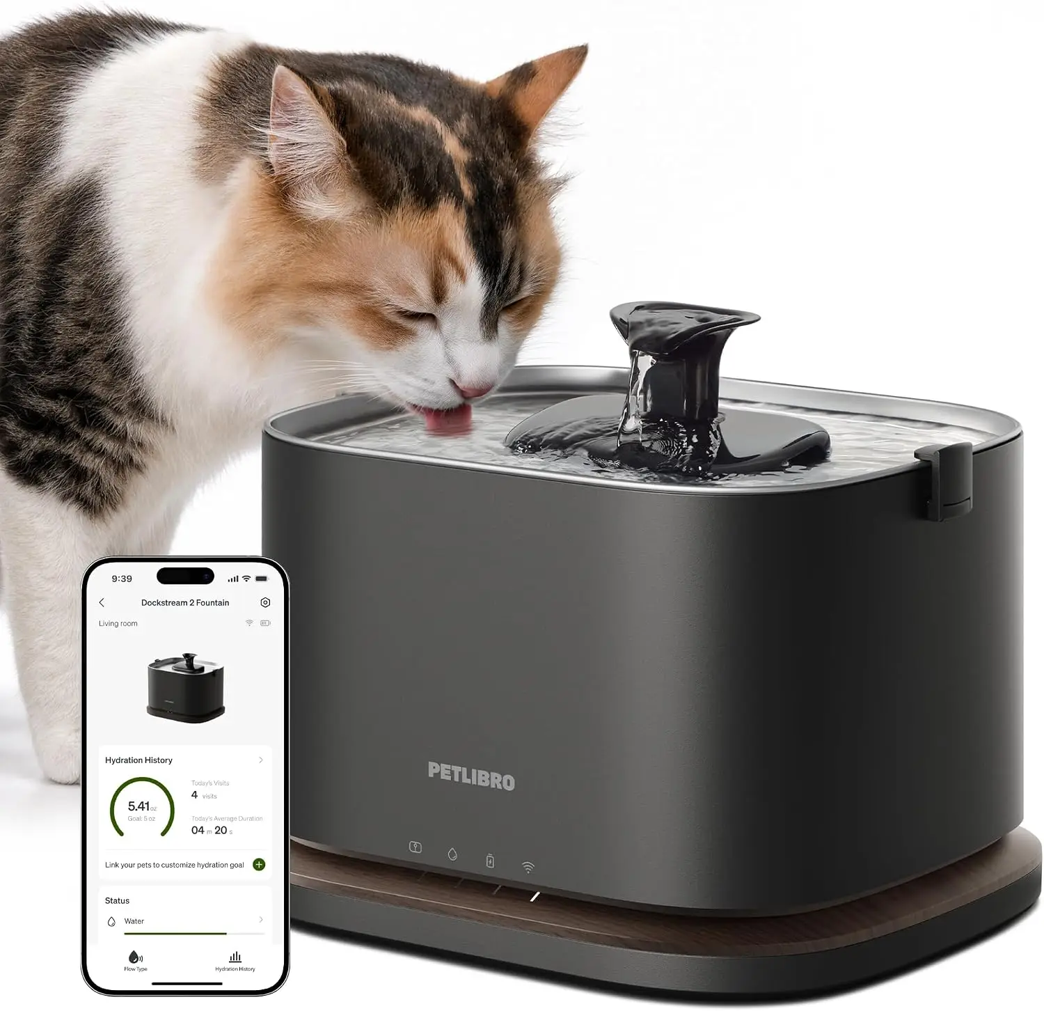 ^Cat Water Fountain Stainless Steel Tray, Cordless Cat Fountain Battery Operated, 3L/101oz Pet Water Fountain App Monitoring
