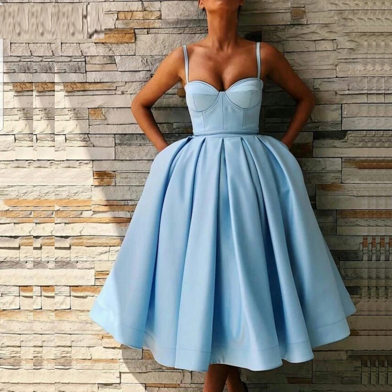 

Customized Evening Dresses Sky Blue Satin Pleat Tea-Length Spaghetti Strap Zipper A-Line Plus size Women Formal Party Gown H790