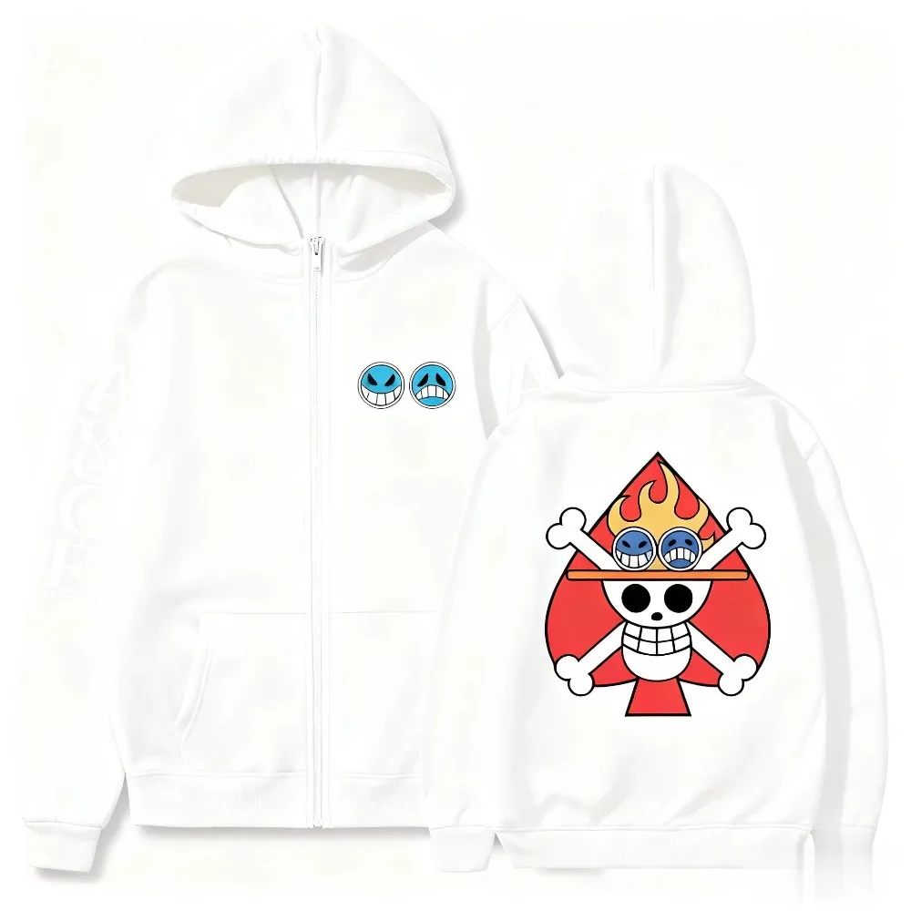 ワンピースのアニメプリント入りフード付きジップアップジャケット、ストリート系、ゆったりとしたプルオーバー、秋冬用フリーストップ