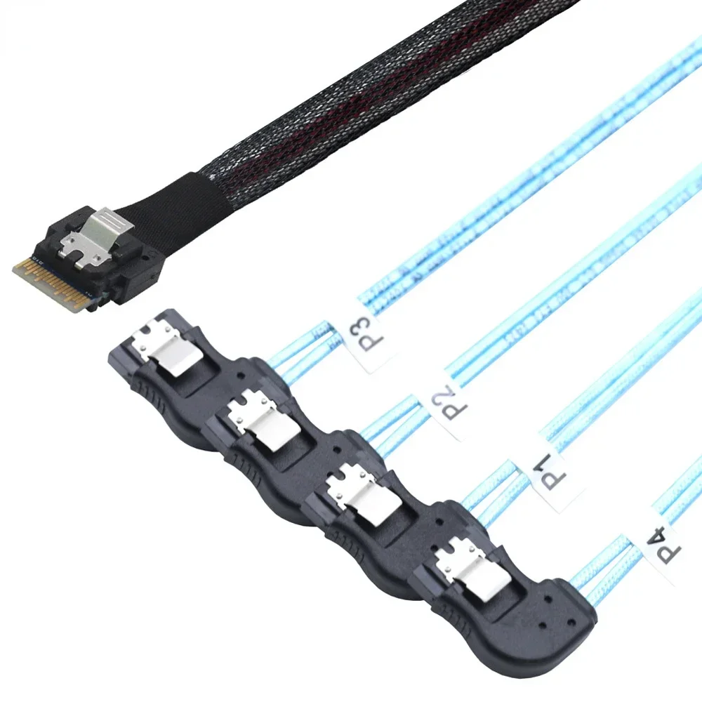 

High-quality PCIE Slimline SAS 4.0 38P SFF-8654 4i to 4 SATA Adapter Cable with 7P Right-Angle Female Connector