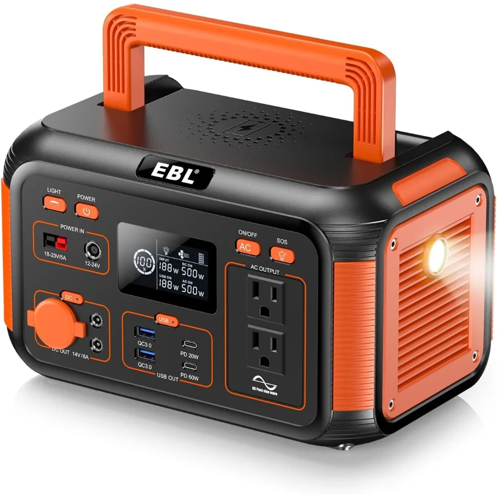 Portable Power Station 500W, 444Wh Backup Lithium Battery, 500W Solar Generator Outdoors Camping Travel Home Emergency Use