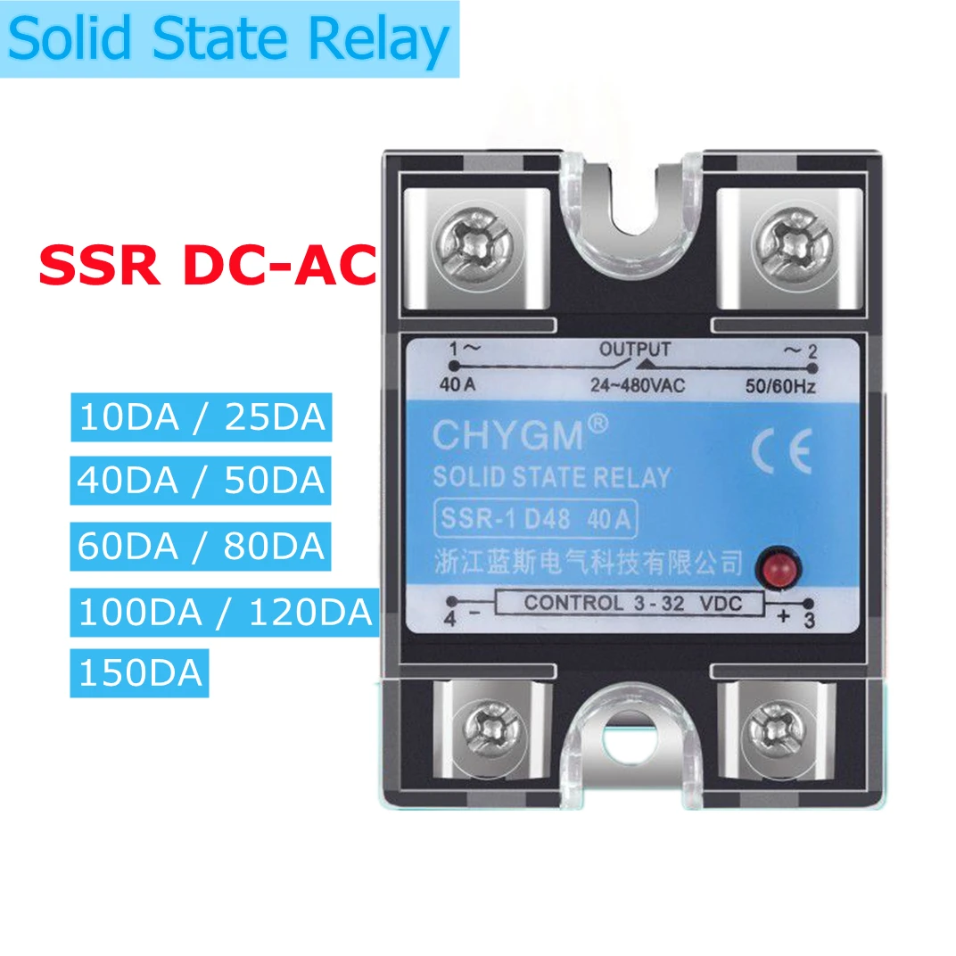 

Single Phase DC Control AC SSR-10DA 25DA 40DA 60DA 80DA 100DA 120DA 150DA Solid State Relay 24-480VAC 3-32VDC