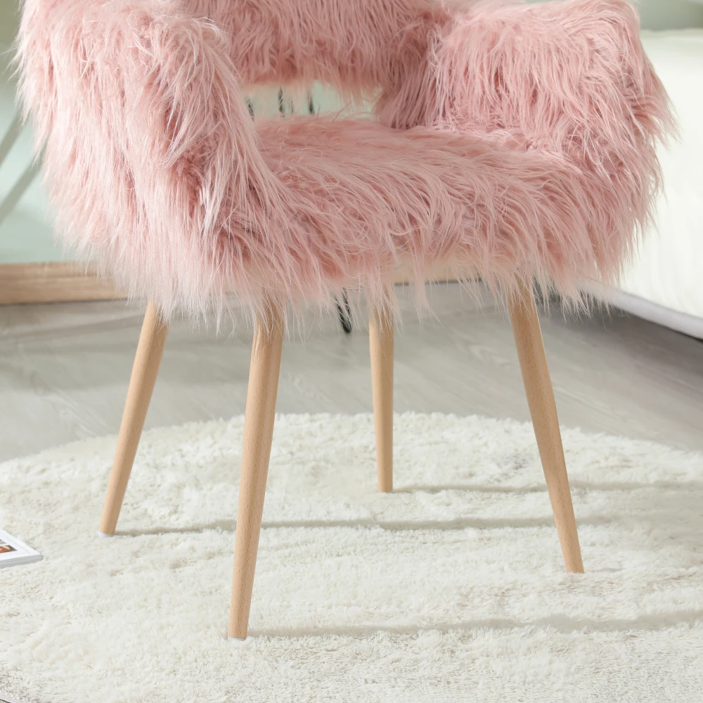 PINK Faux Fur Upholstered Make Up Chair Side Dining Chair with Metal Leg(PINK Beech Metal Leg)