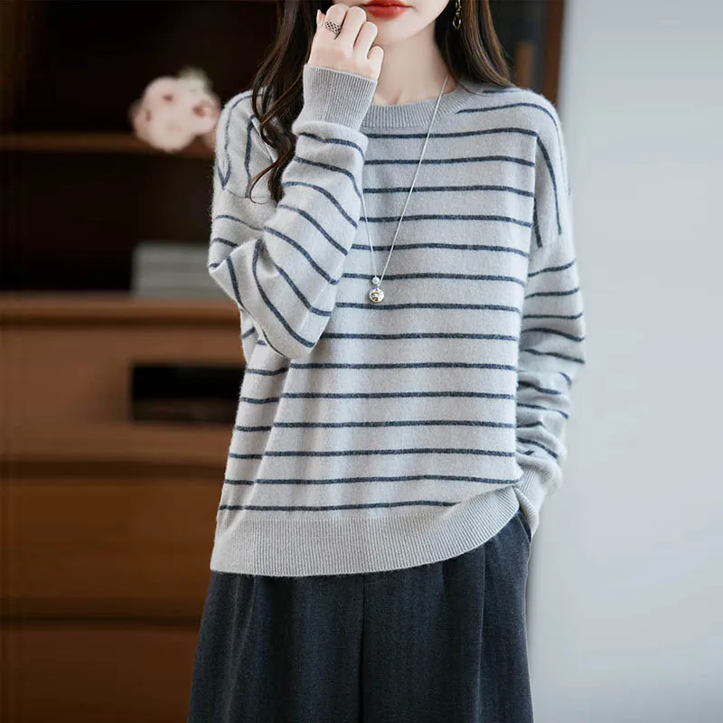

Новый пуловер из 100% мериносовой шерсти с круглым вырезом в полоску контрастного цвета, теплый и удобный осенне-зимний модный повседневный топ