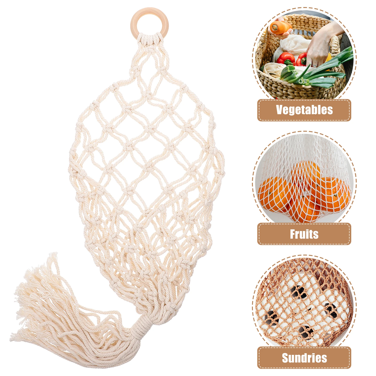 

Cotton Rope Hanging Basket Beige Woven Storage Decorative Fruit Vegetable Handmade Home Balcony Patio Storage Basket