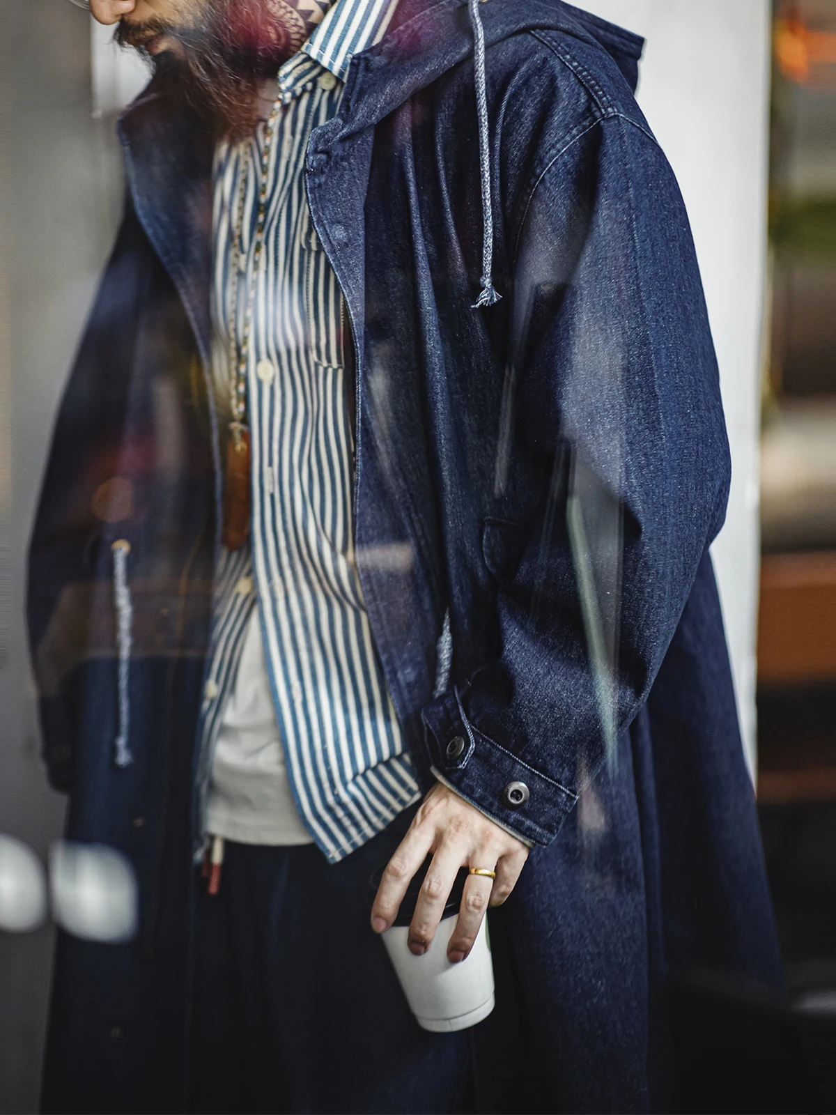 

Maden American Retro M5 Denim Fi Tail Coat Loose Mid-Length Hooded Jaet for Men Spring Cotton Lyocell Fiber Casual Sle