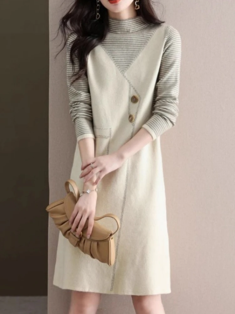 فستان نسائي للخريف والشتاء سترة محبوكة متوسطة الطول مكونة من قطعتين تنورة فضفاضة من الداخل مع تنورة محبوكة من الأسفل #2