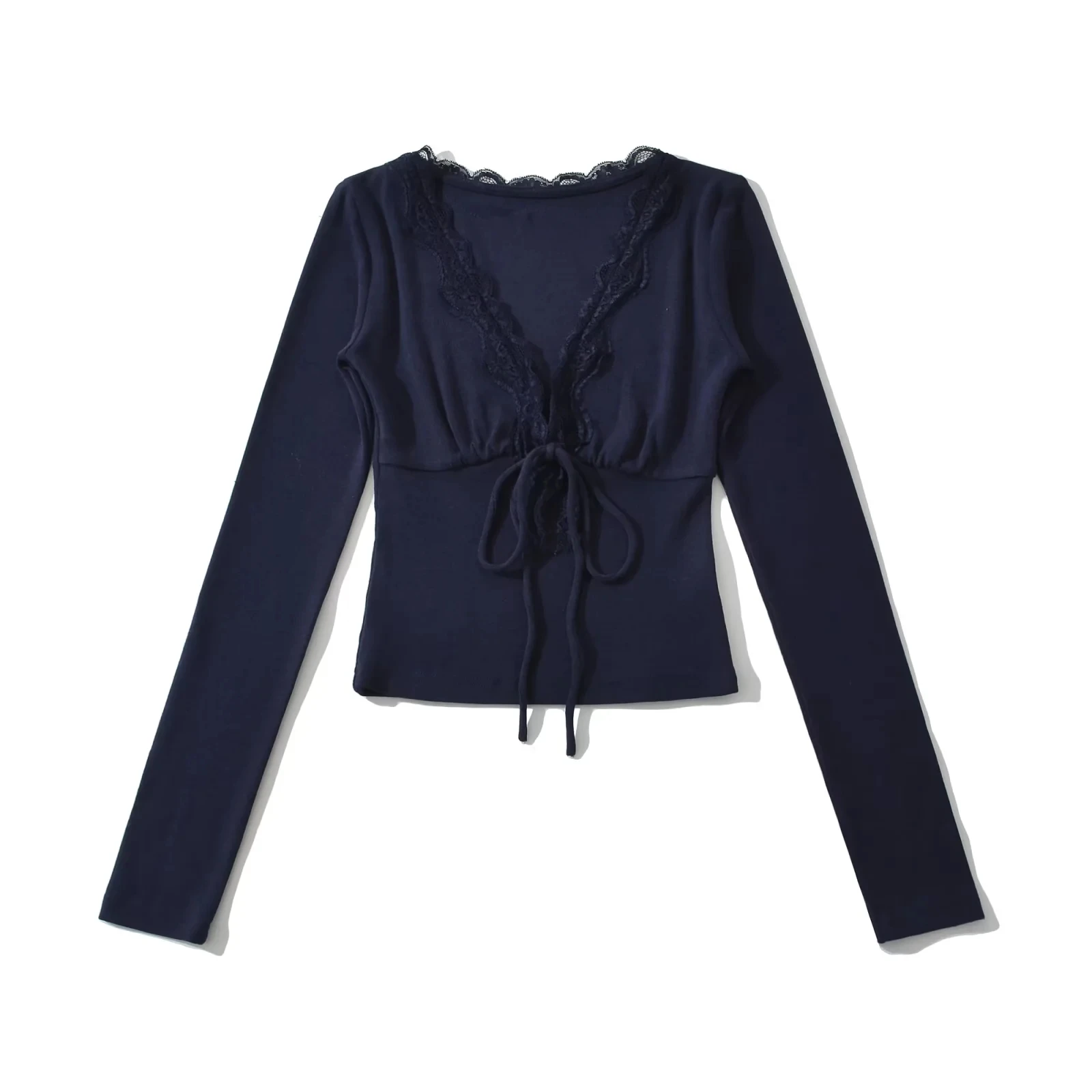 Sexy Pure Desire Spitzenbesatz V-ne T-Shirt Damen Lange Sve Gürtel Schlankheits Taille Top Sommer Herbst Faion Damen T-Shirt