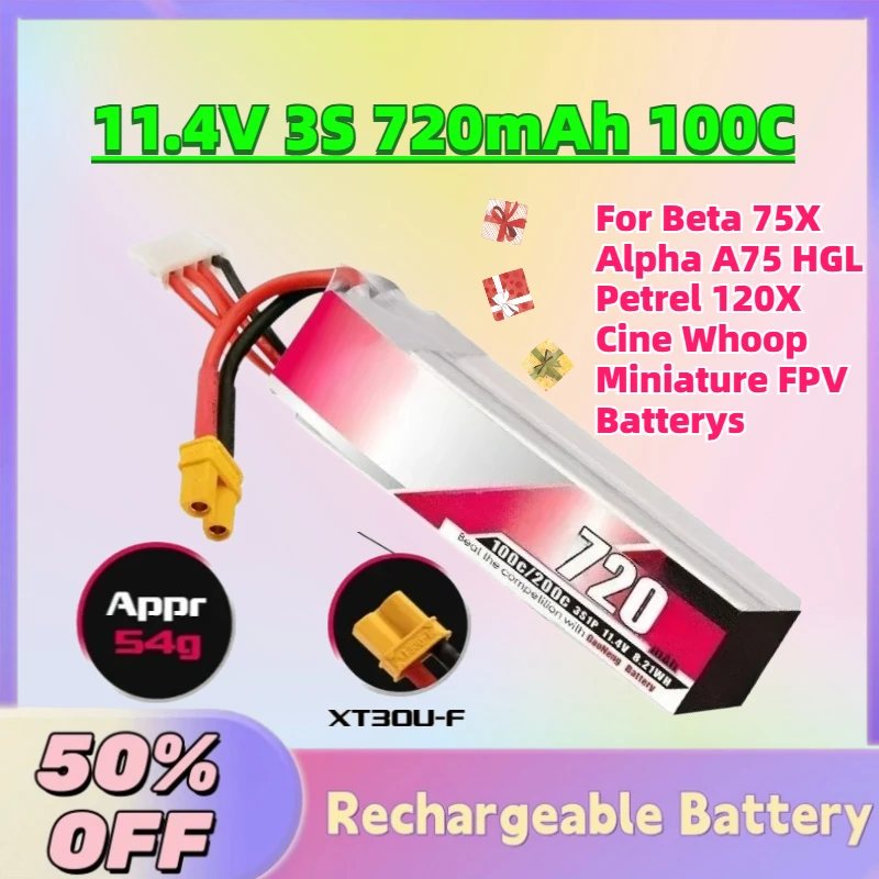 In Stock 11.4V 3S 720mAh 100C LiPo Rechargeable Battery for Beta 75X Alpha A75 HGL Petrel 120X Cine Whoop Miniature FPV Batterys