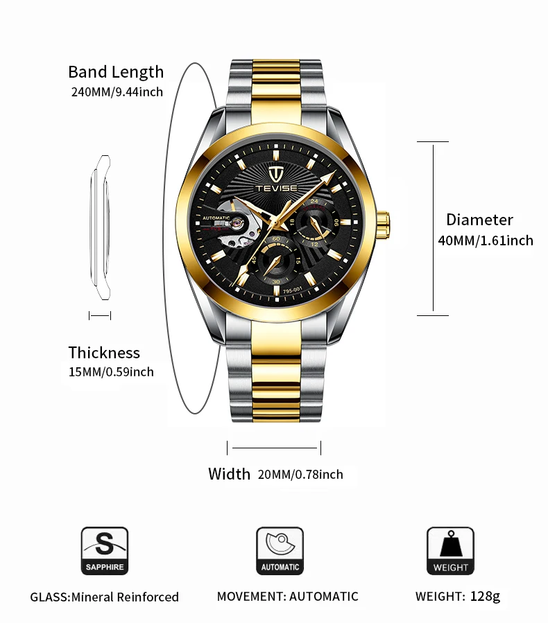 TEVISE Men Automatic Watch Stainless Steel Luminous Watch Waterproof 24 Hours Business Causal Watch