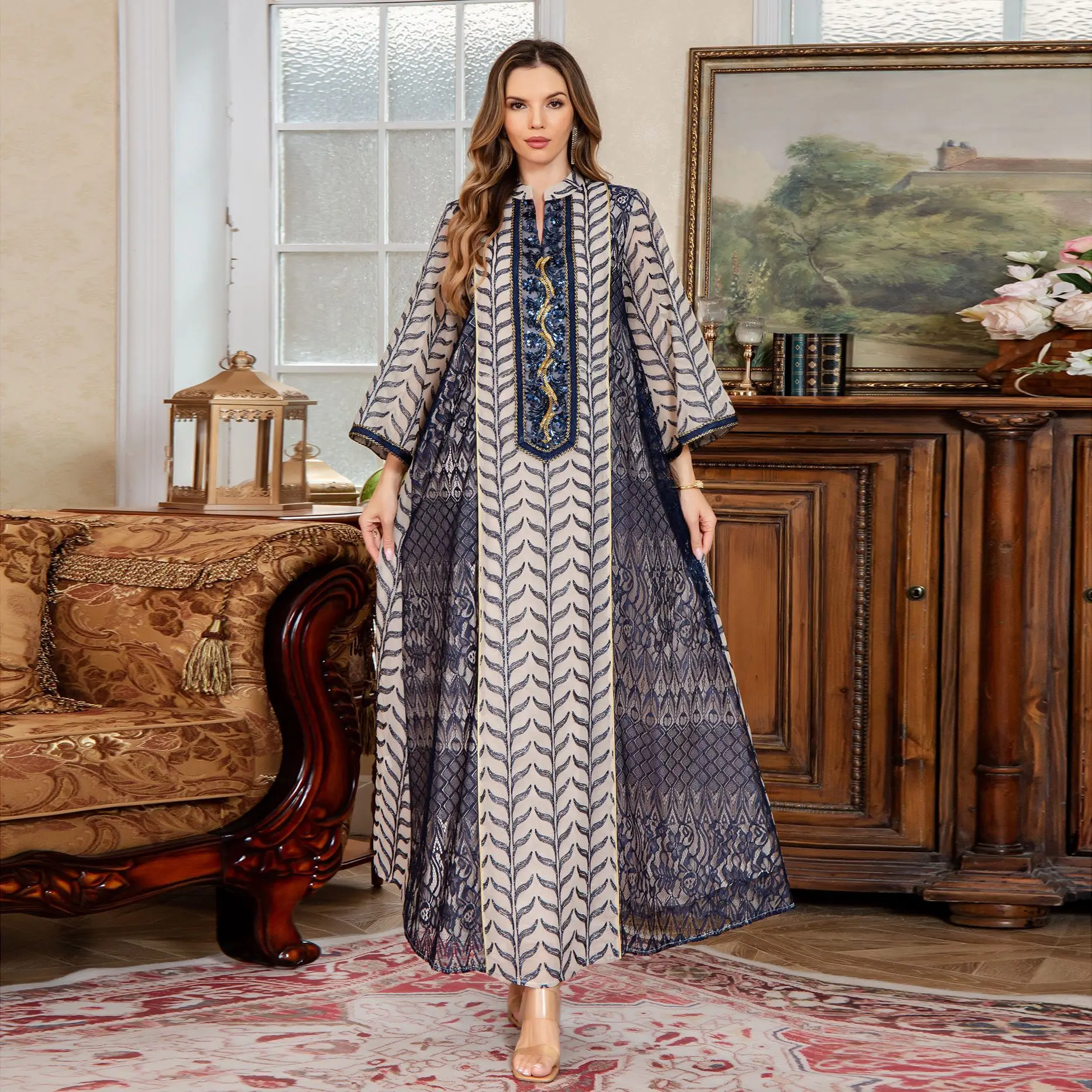 Women's Mesh Embroidered Elegant Trendy Loose V-neck Long Sleeve Ankle Length Abaya Dress Muslim Middle East Fashion Clothes