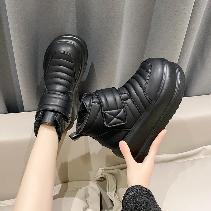 LazySeal Chunky Sole Platform Boots 8cm High Heel Sewing Snow Boots Warm Short Plush Lining Hook Loop Winter Heels Ankle Boot