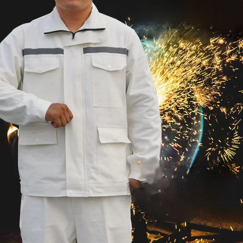 

Thiened Pure Cotton Flame Retardant Long Sve Welding Workwear Canvas Set Steel White Protective Suit for ian/W