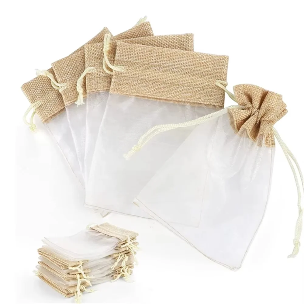 10-100Pcs Linen Jute Organza Gift Candy Bags Wedding Guests Favors Birthday Party Supplies Christmas Small Drawstring Pouches