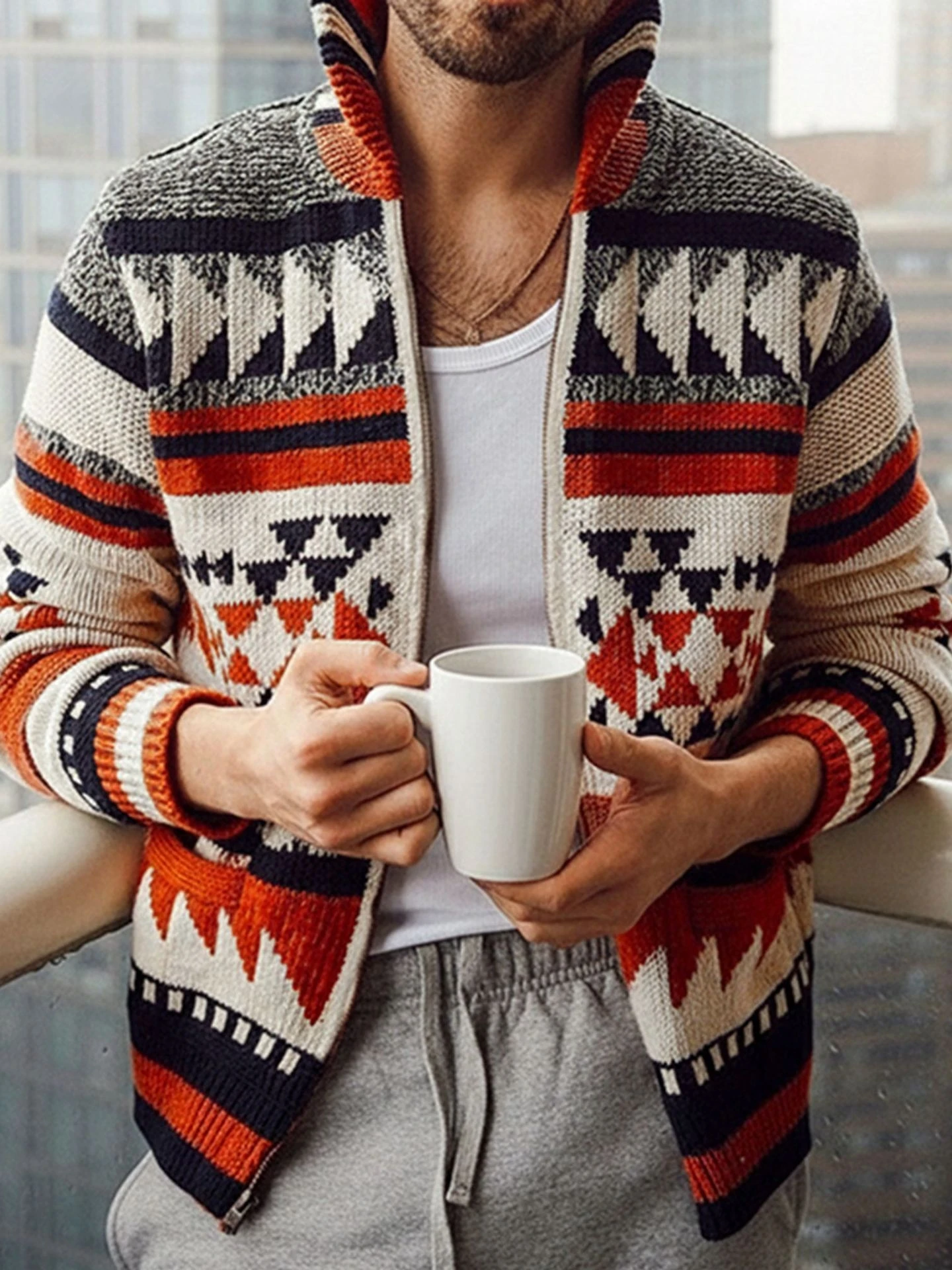 Zippered Long Sleeve Knit Sweater Men's Fashion Winter Warm Floral Embroidery Straight Cut Cardigan Casual Daily Wear