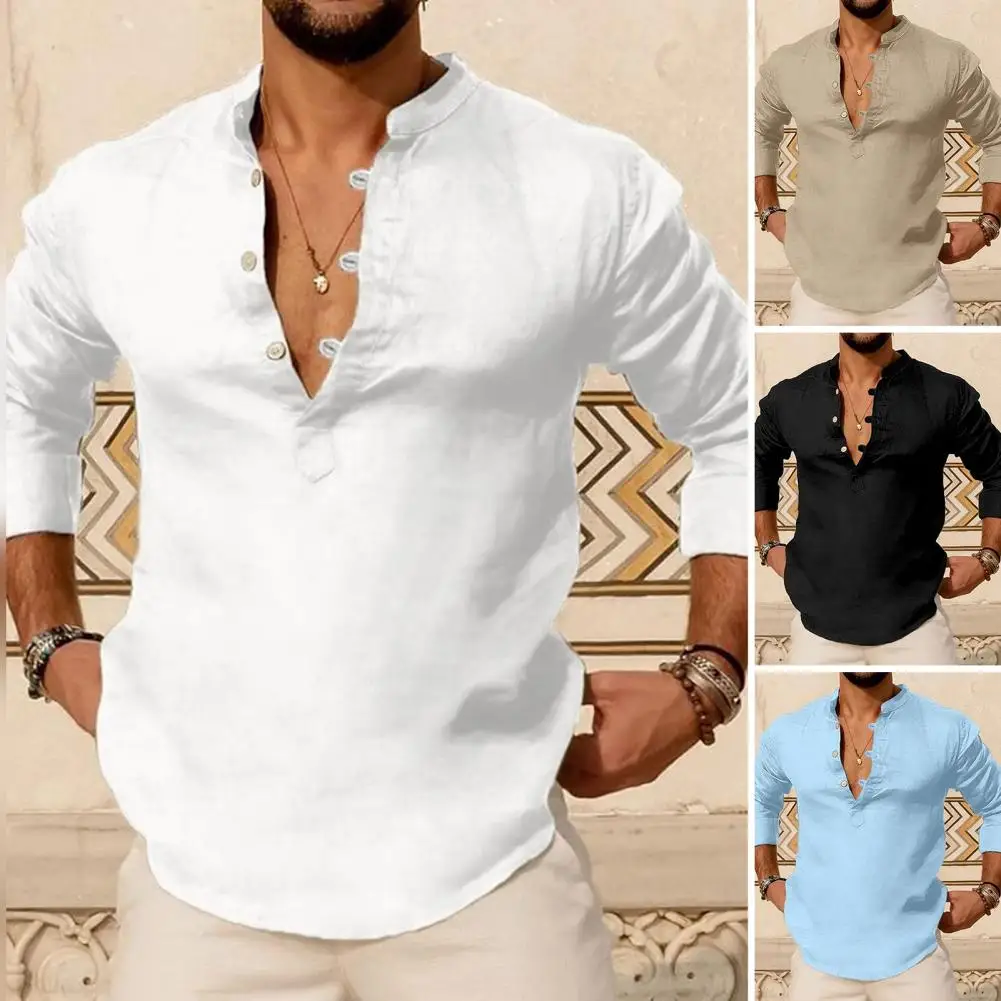 Camisa de manga comprida com pescoço Henry masculina, slim fit, respirável, tops casuais de streetwear, leve, elegante, verão