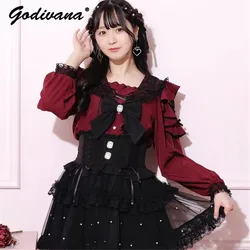 Japanese New Autumn Sweet Cute Bow Lace Long Sleeve Sailor Collar Shirt Solid Color Lace Patchwork Women's Lolita Blouse Tops