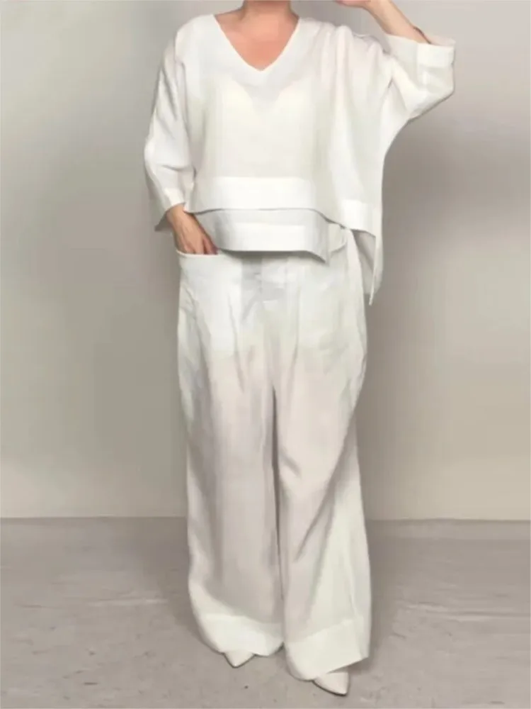 レディースカジュアルルーズイレギュラーコットンリネントップスーツ春秋新作ファッションポケットワイドレッグパンツオフィスツーピースセット