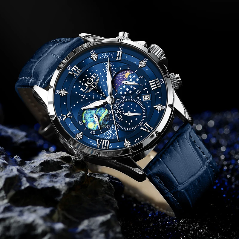 Lige Herren uhr Luxus wasserdichte männliche Uhr Mondphase Datum lässig blau Leder Quarz Armbanduhr Männer Chronograph montre homme