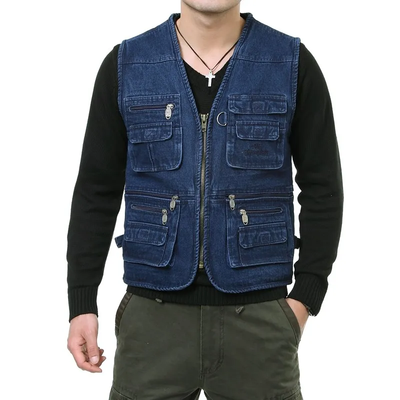 

plus Size Thickened Denim Vest for Middle-Aged Men Father's Multi-Pocket Back Heart Spring Autumn Seasonal Casual Wear