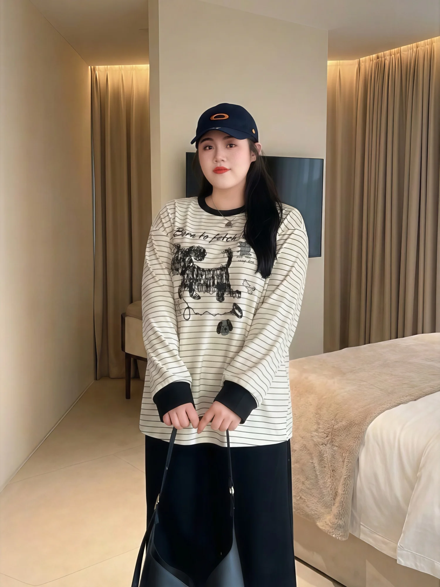 

Casual Striped Base Layer Shirt Large Size Women's round Neck Commute Style Top Trendy Autumn Winter Polyester Spandex