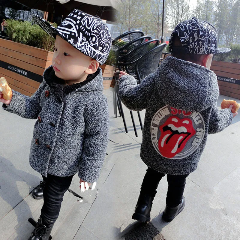 

Children's Clothes Outerwear 2023 Fall Winter New Baby Kids Cartoon Woolen Jacket Little Boys Double-Breasted Velvet Hooded Coat