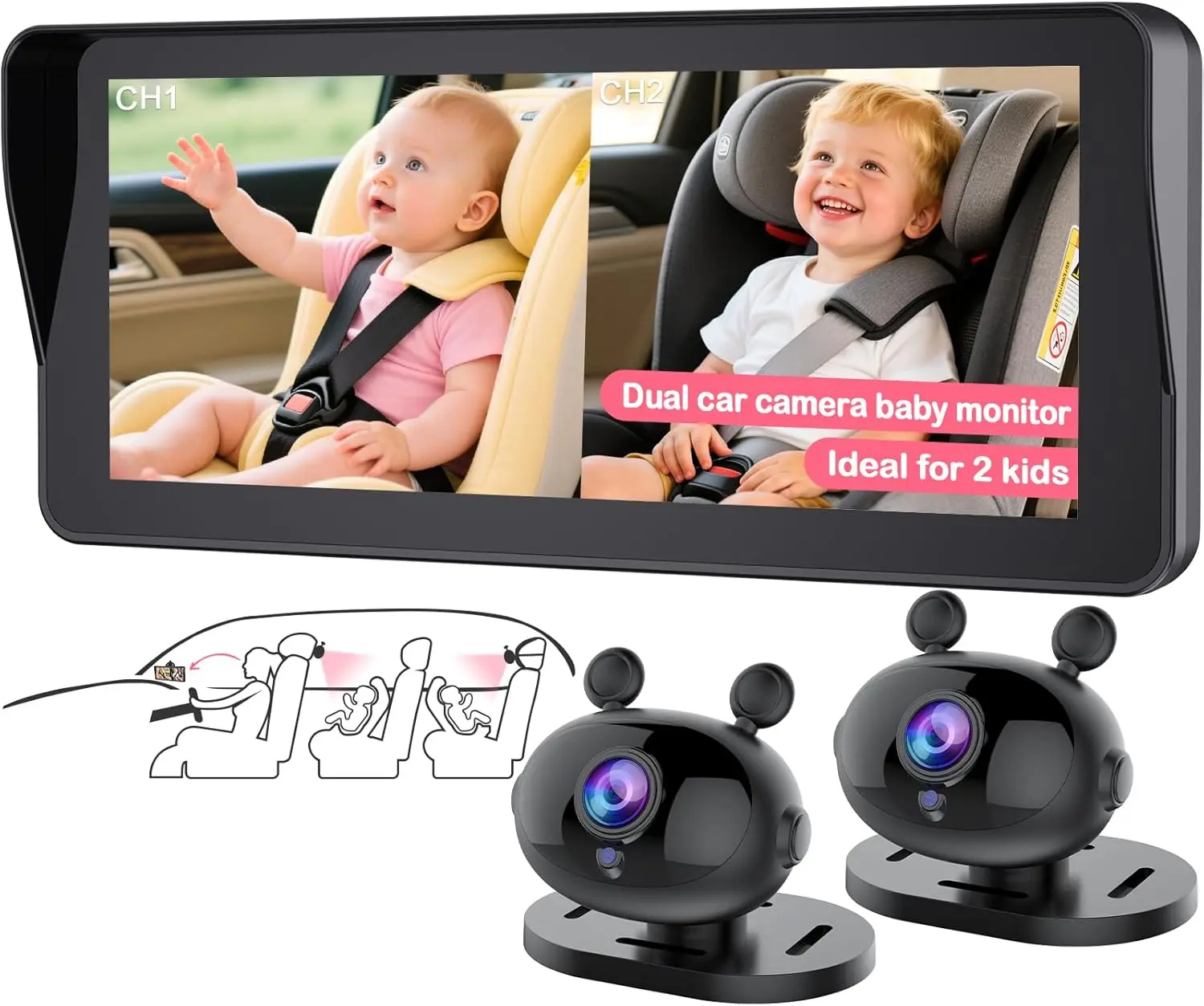 6.9 Inch HD Dual Baby Car Camera: Split Screen for 2 Kids, Night Vision, Easy Install