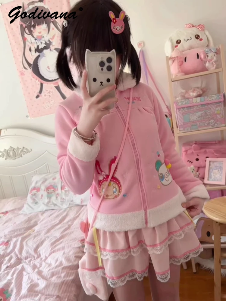 

Розовая плюшевая куртка с вышивкой в японском стиле для милых девочек, новый осенне-зимний комплект с отложным воротником и детской короткой юбкой