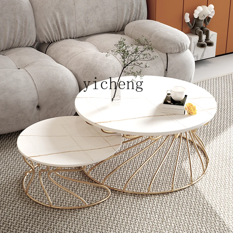 Zf Stone Plate Tea Table Household Small Apartment Simple Nordic round Marble Light Luxury Modern