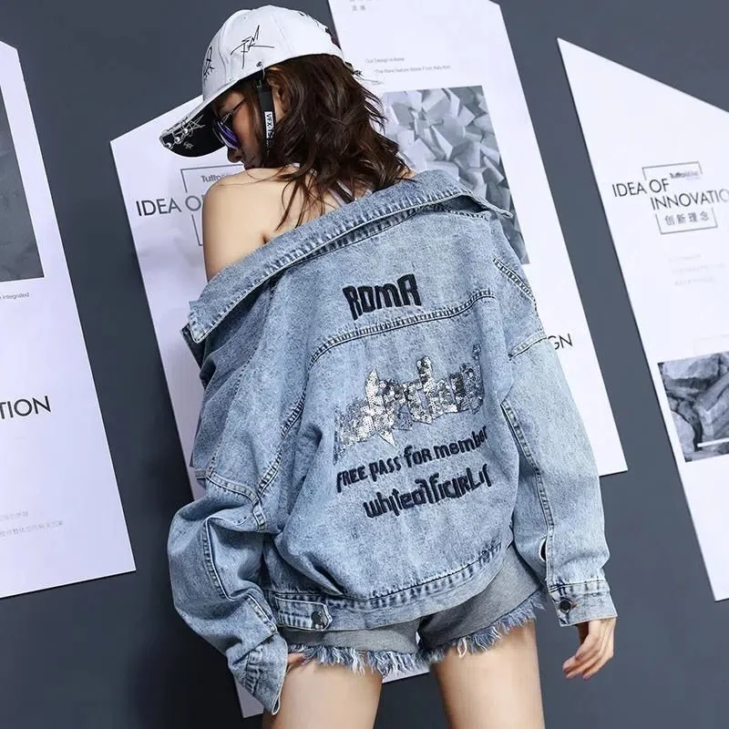 2024 Spring Autumn Women Short Denim Jacket Casual Top Loose Outerwear Schoolgirl Coat Back Paillette Letter Embroidery Jeancoat