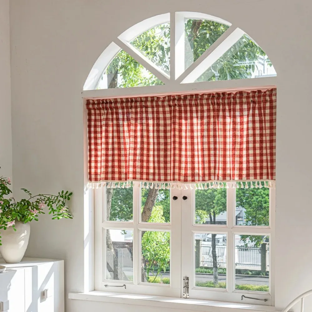 Checkered Curtains Gingham Plaid Short Cafe Curtains with Lace Edges Rod Pocket Kitchen Window Treatment for Living Room Bedroom