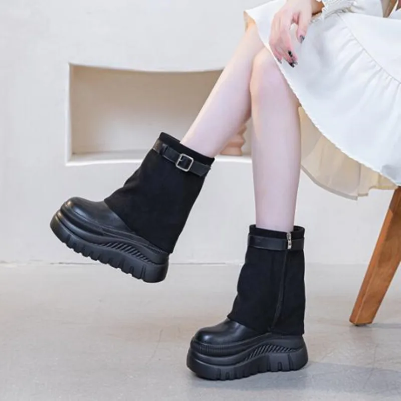 

Модные мотоциклетные ботинки челси в стиле панк из натуральной кожи 12 см, зимние теплые женские осенне-весенние туфли до колена на платформе до щиколотки на молнии