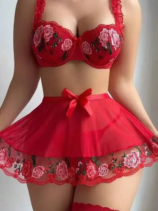 French Elegant Casaul Style Lace Flower Embroidery Skirt Sets Charming Sexy Set Mesh Transparent Skirt Sets Bowknot Elegant VNZG