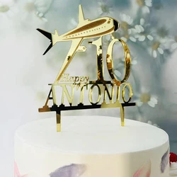 Personalized Aviator Airplane Happy 10th Birthday Party Custom Name Age Plane Cake Topper Gift for Gold Mirror Acrylic