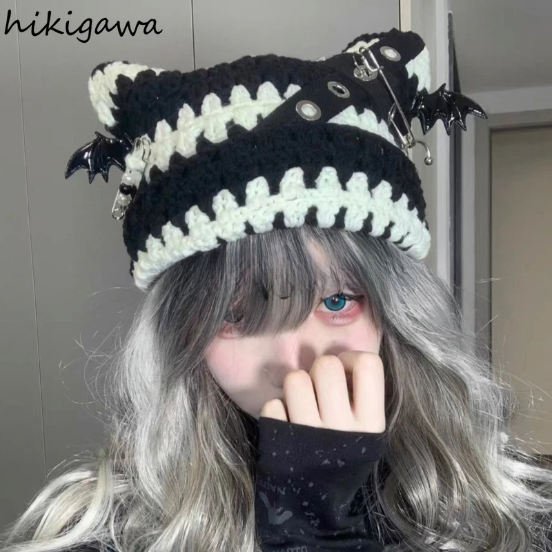 Fashion Punk Cat Eared Hat Cross Harajuku Gothic Knitted Winter Women Y2k Cap Autumn Cute Japanese Black Striped Beanies 7p047