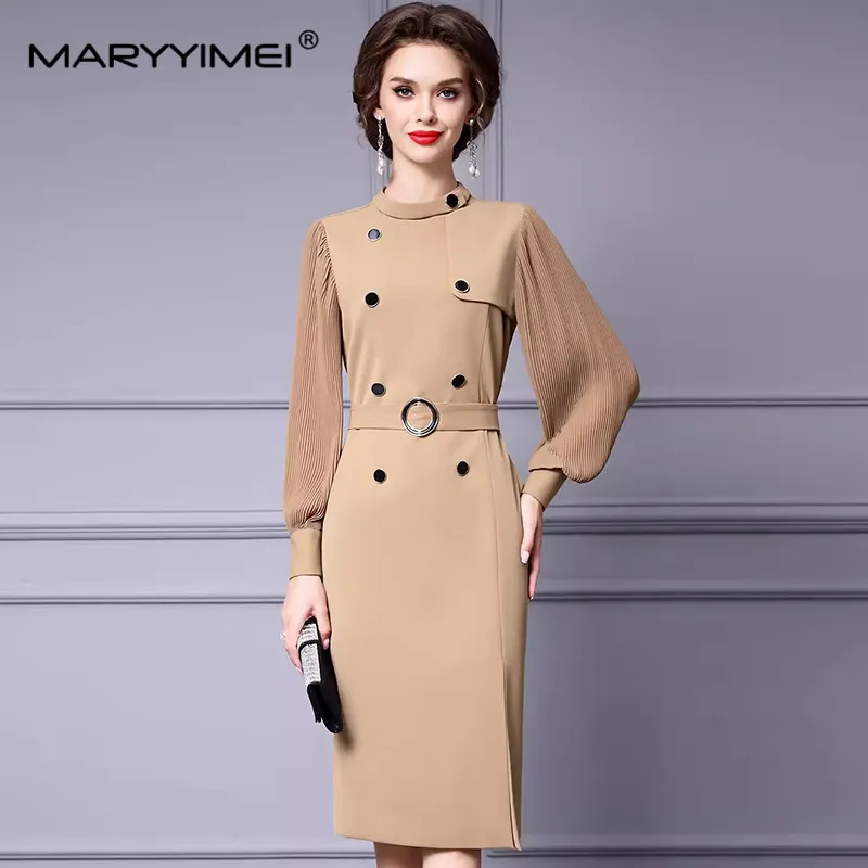 MARYYIMEI Elegant Commuter Solid Color Women\'s Dress Autumn Winter Stand Collar Lantern Sleeved Button Lace-UP Straight Dresses