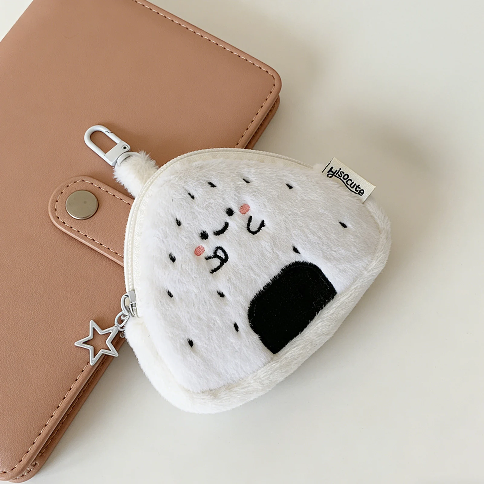 Onigiri Shaped Coin Purse Keychain Soft Plush Key Ring for Women Cute Rice Ball Design with Zipper Closure