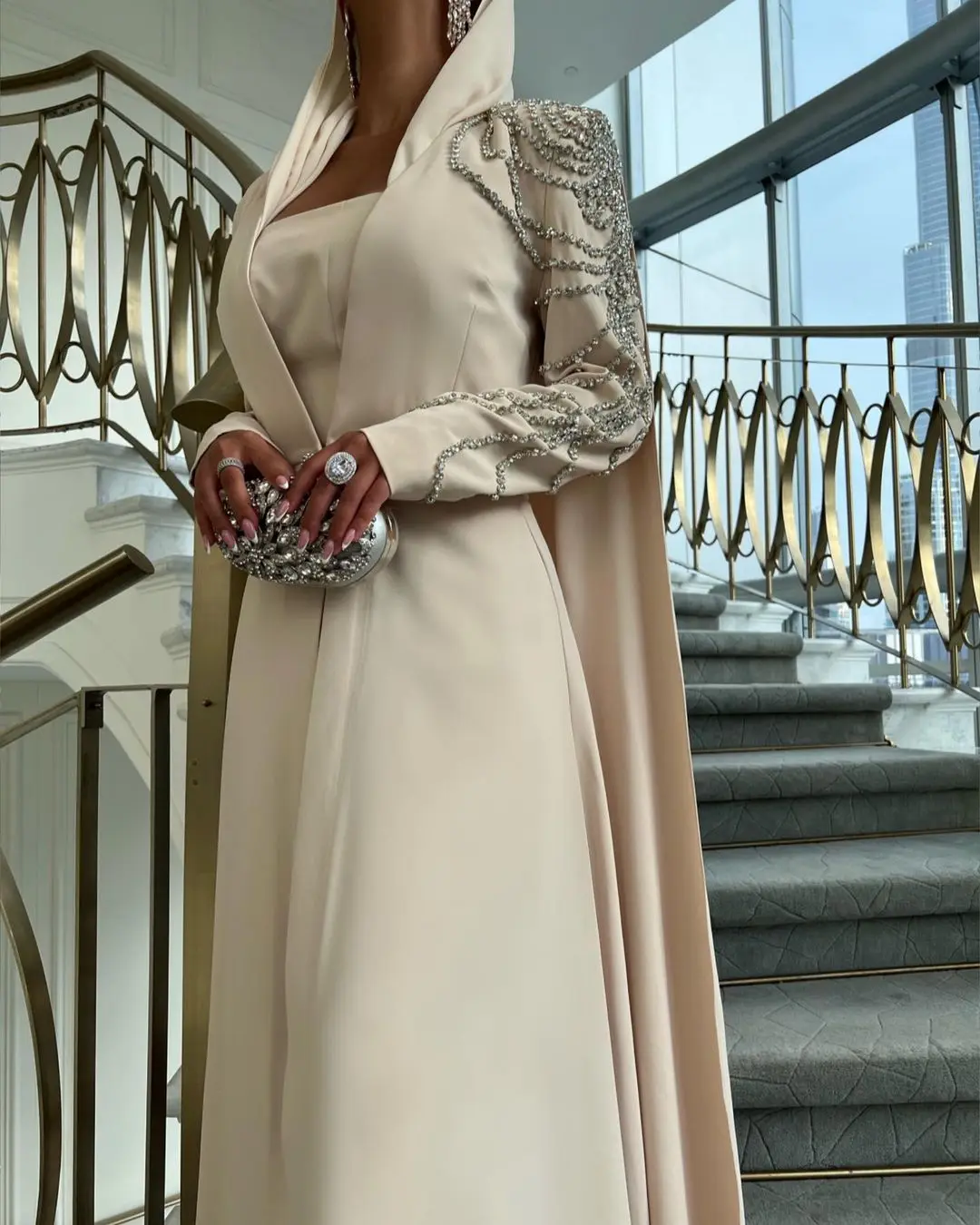 Rhinestone Long Sleeves Prom Dresses With Jacket Floor-length Saudi Arabia Formal Occasion Dresses 2025 New Style Customized