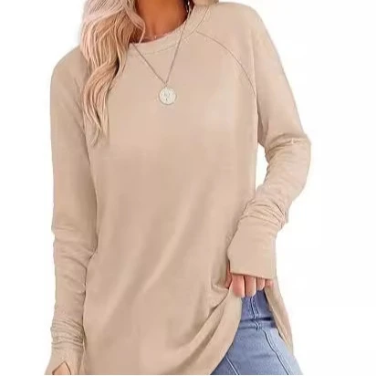 Casual Loose Long Sleeve round Neck Pure Color T-Shirt Finger Separated Base Shirt Versatile Comfortable Polyester Blend