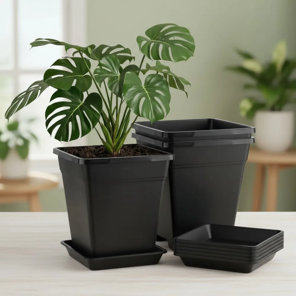 

10 Inch Square Plant Pots Set of 5, Large Plastic Planters with Drainage & Saucer, 5 Gallon Thick Outdoor Garden Containers