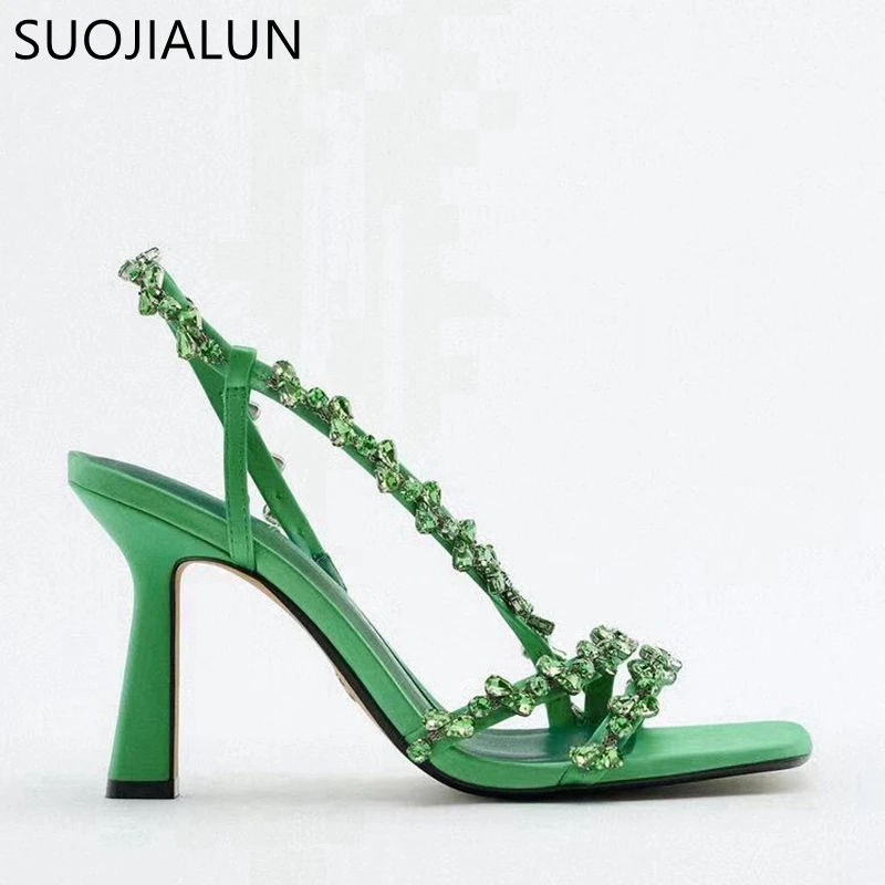 SUOJIALUN Summer New Brand Women Sandal Fashion Bling Crystal Narrow Band Ladies Elegant Gladiator Shoes Thin High Heel Pumps