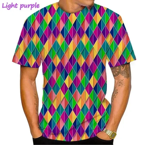 

Fun Color Plaid 3D Printing T-shirt Rainbow Stripe Pattern O Neck Short Sleeve Colorful Art Square Men Women Fashion Casual Tops