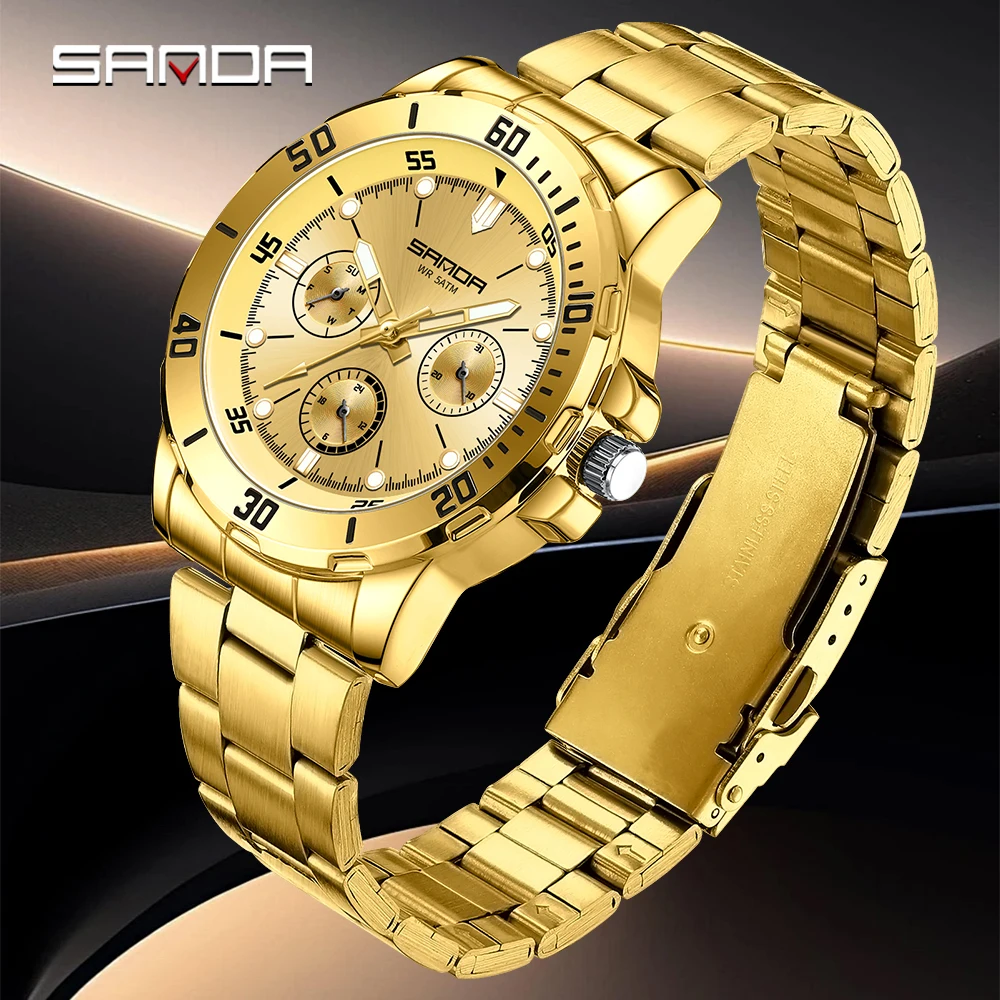 SANDA 3266 Business Men's Quartz Watch Three Eyes Six Needles Waterproof Luminous Calendar Men's Quartz Watch